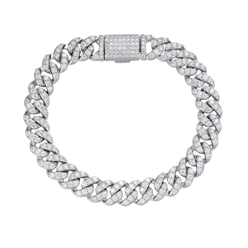 Sterling Silver 10mm Round Moissanite 1 Row Cuban 8 Inch Bracelet 8-1/4 Ctw