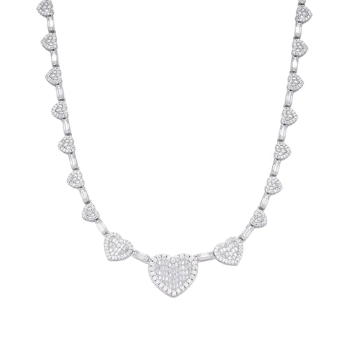 Sterling Silver Round Baguette Moissanite Heart Designer 18 Inch Necklace 14-5/8 Ctw