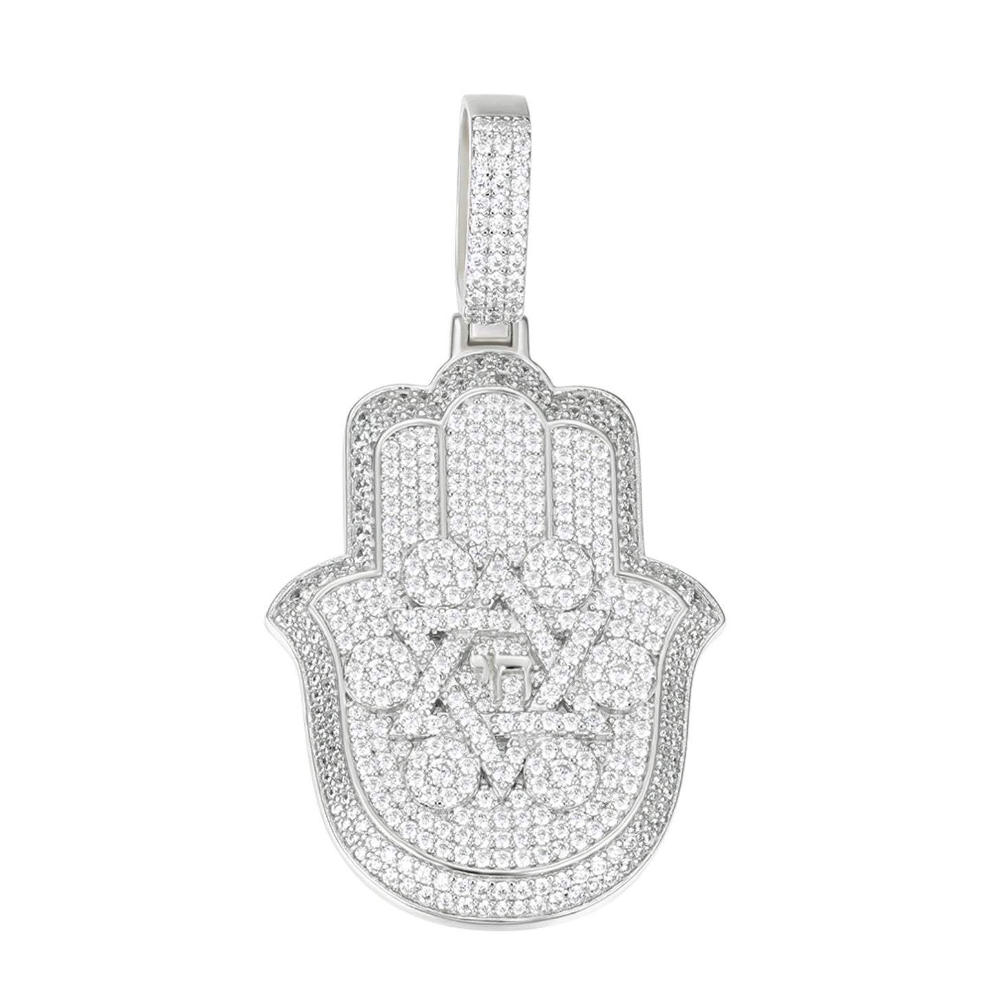 Sterling Silver Round Moissanite Hamza Hand Religious Pendant 3-5/8 Ctw