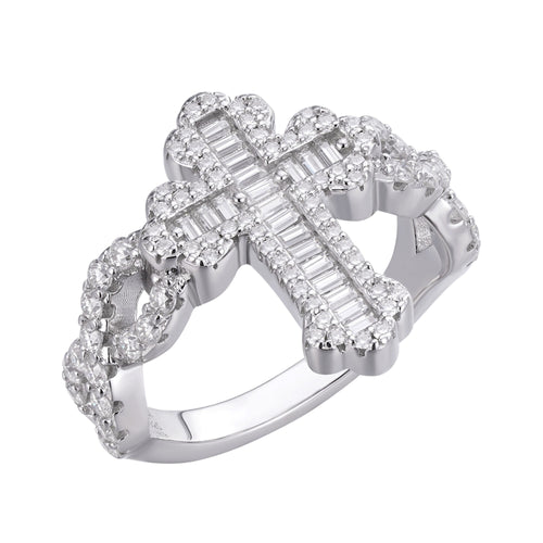 Sterling Silver Round Baguette Moissanite Cross Religious Size 9 Ring 1-5/8 Ctw