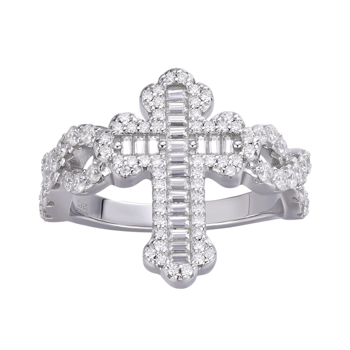 Sterling Silver Round Baguette Moissanite Cross Religious Size 9 Ring 1-5/8 Ctw