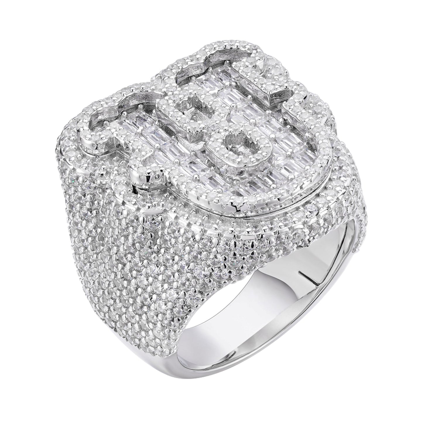 Sterling Silver Round Baugette Moissanite Albhabet U letter Initial Size 10 Men Ring 6-1/2 Ctw