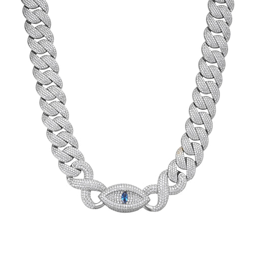 Sterling Silver Round Moissanite 15mm Inifinity Cuban With Evil Eye Designer 22 Inch Men Necklace 35-3/4 Ctw