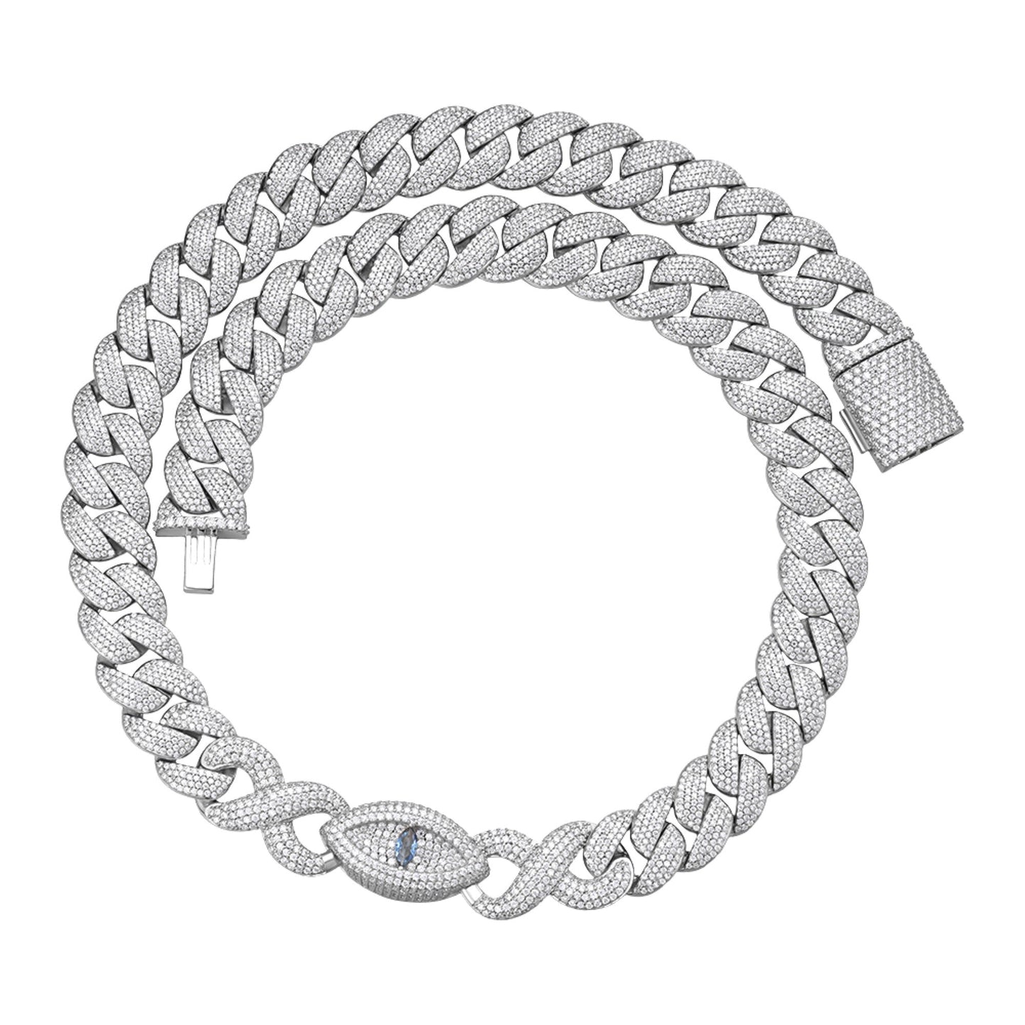 Sterling Silver Round Moissanite 15mm Inifinity Cuban With Evil Eye Designer 22 Inch Men Necklace 35-3/4 Ctw
