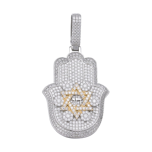 Sterling Silver Round Moissanite Hamza Hand Religious Pendant 3-5/8 Ctw