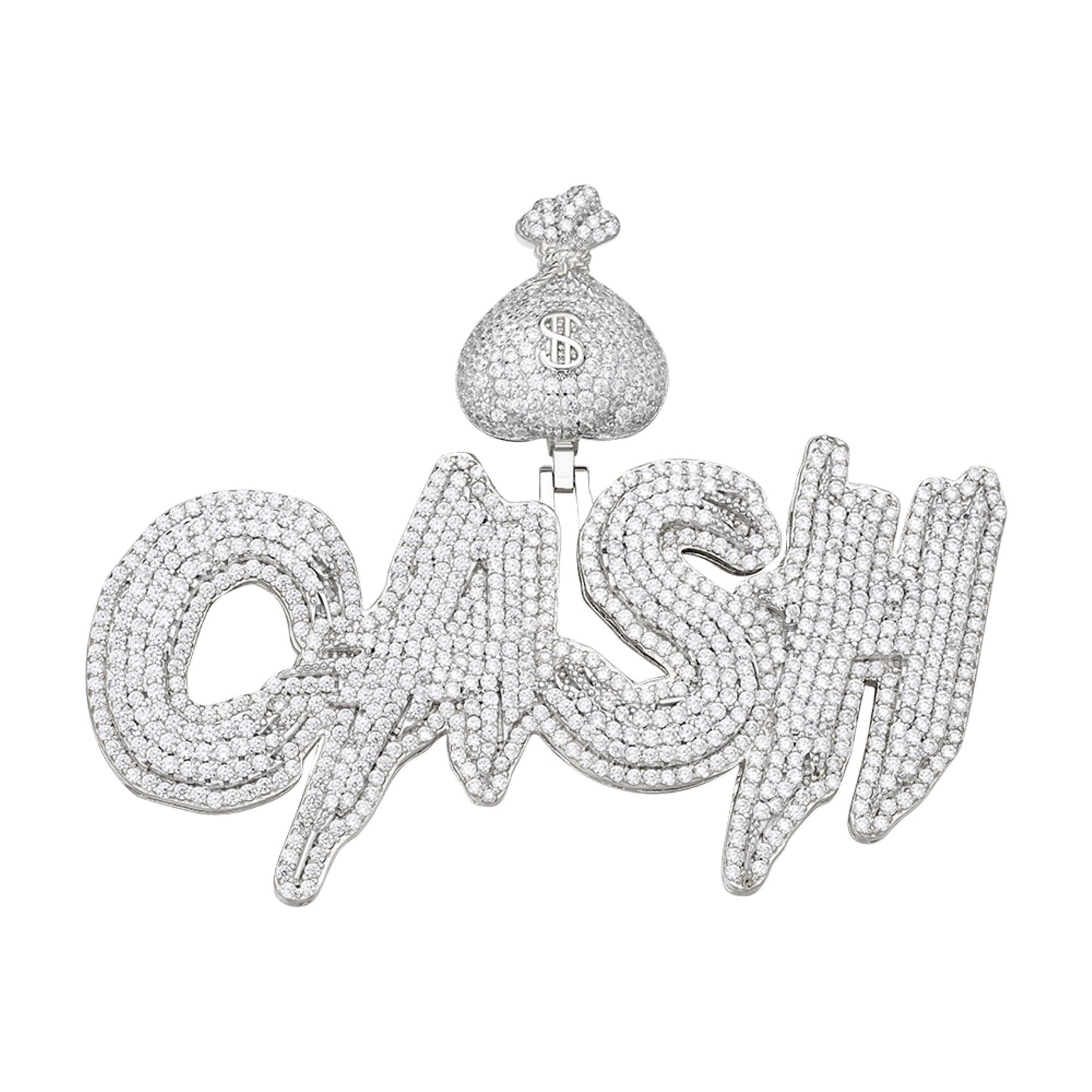 Sterling Silver Round Moissanite CASH Word Designer Pendant 7-1/2 Ctw