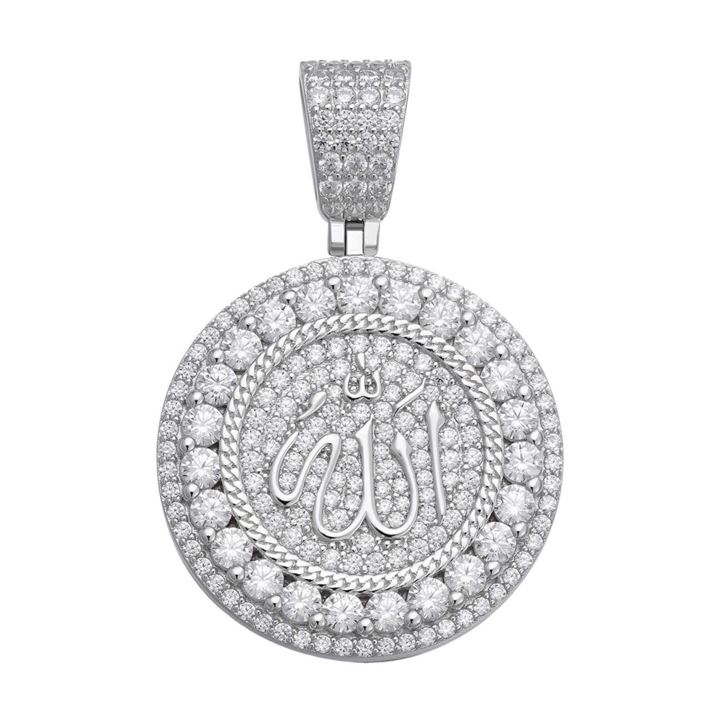 Sterling Silver 35mm Round Moissanite Muslim God Allah Religious Pendant 8 Ctw