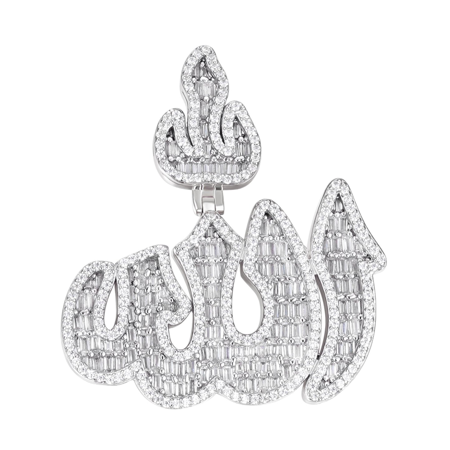 Sterling Silver Round Baguette Moissanite Muslim God Allah Religious Pendant 5-1/4 Ctw