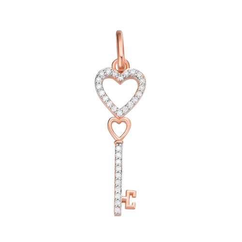 Sterling Silver Round Moissanite Double Heart Key Designer Pendant 1/6 Ctw