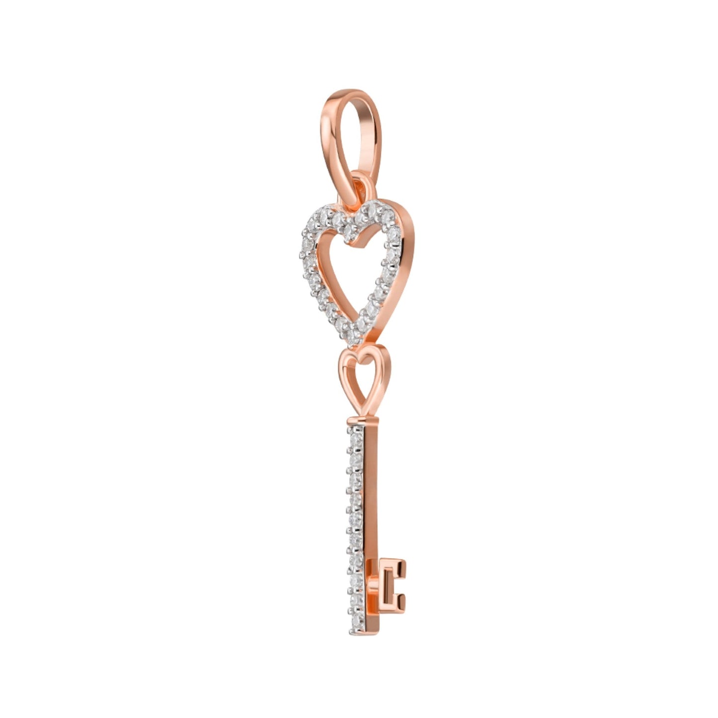 Sterling Silver Round Moissanite Double Heart Key Designer Pendant 1/6 Ctw