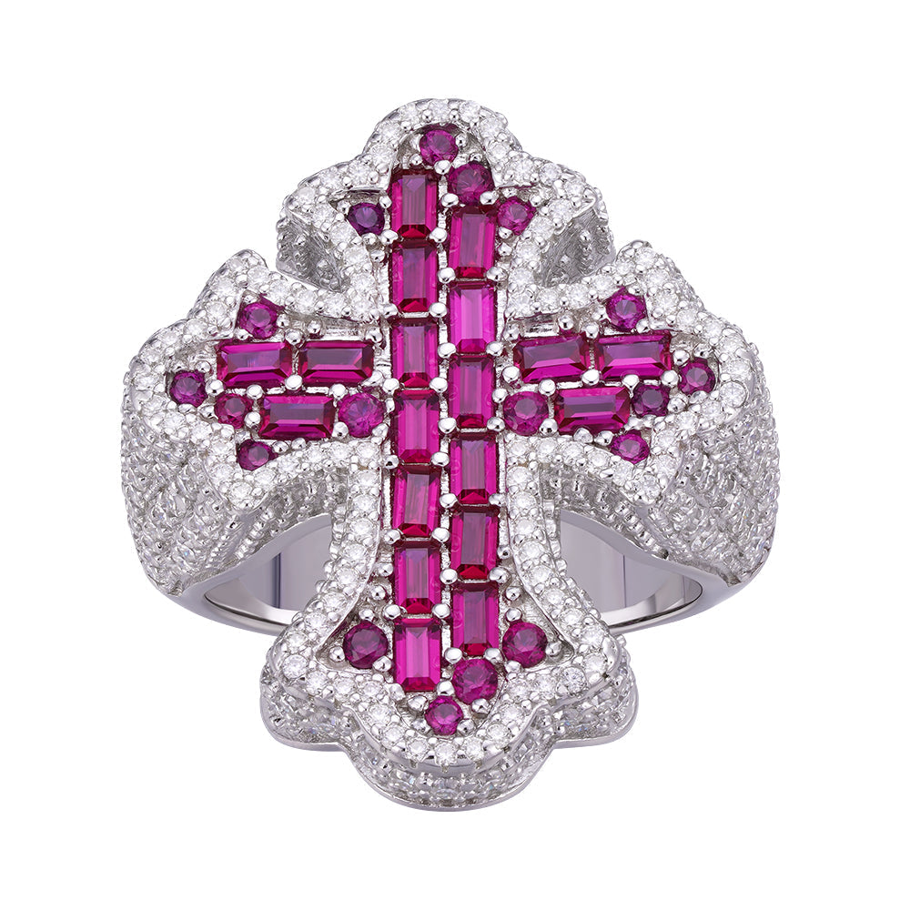 Sterling Silver Round Moissanite With Red CZ Men Cross Religious Size 10 Ring 2-5/8 Ctw