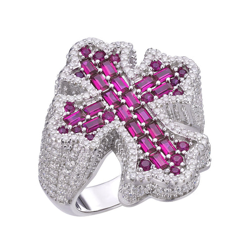 Sterling Silver Round Moissanite With Red CZ Men Cross Religious Size 10 Ring 2-5/8 Ctw