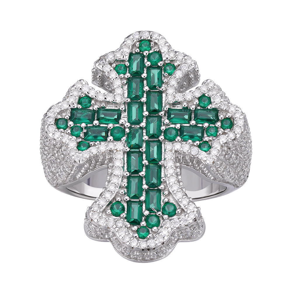 Sterling Silver Round Moissanite With Emerald CZ Men Cross Religious Size 10 Ring 2-5/8 Ctw
