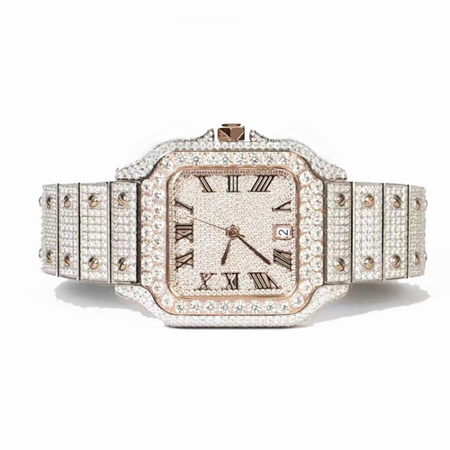 Moissanite Stainless Steel Rose Two Tone Band Men Watch 20.20 Ctw