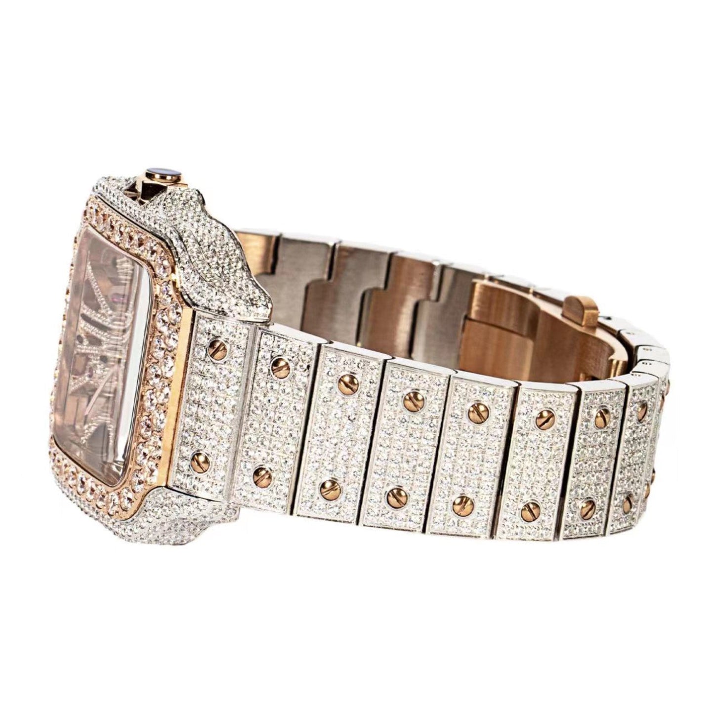 Moissanite Stainless Steel Rose Two Tone Band Men Watch 20-1/5 Ctw