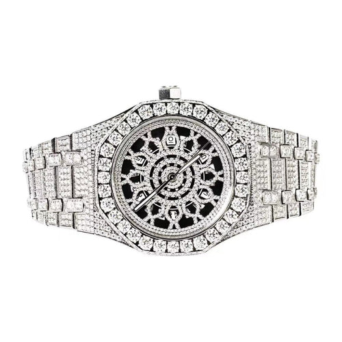 Moissanite Stainless Steel Skeleton Dial White Band Men Watch