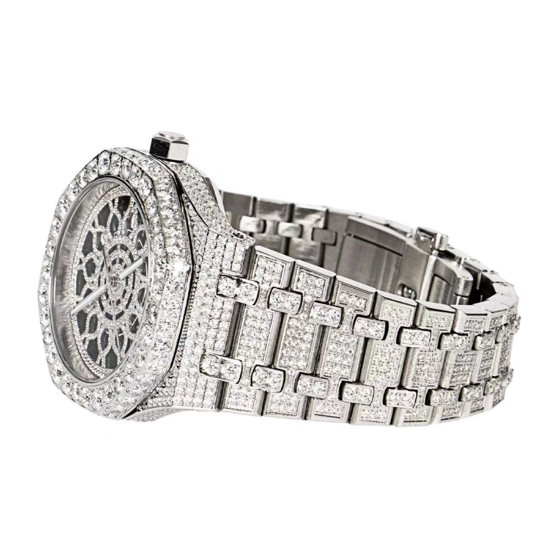 Moissanite Stainless Steel Skeleton Dial White Band Men Watch