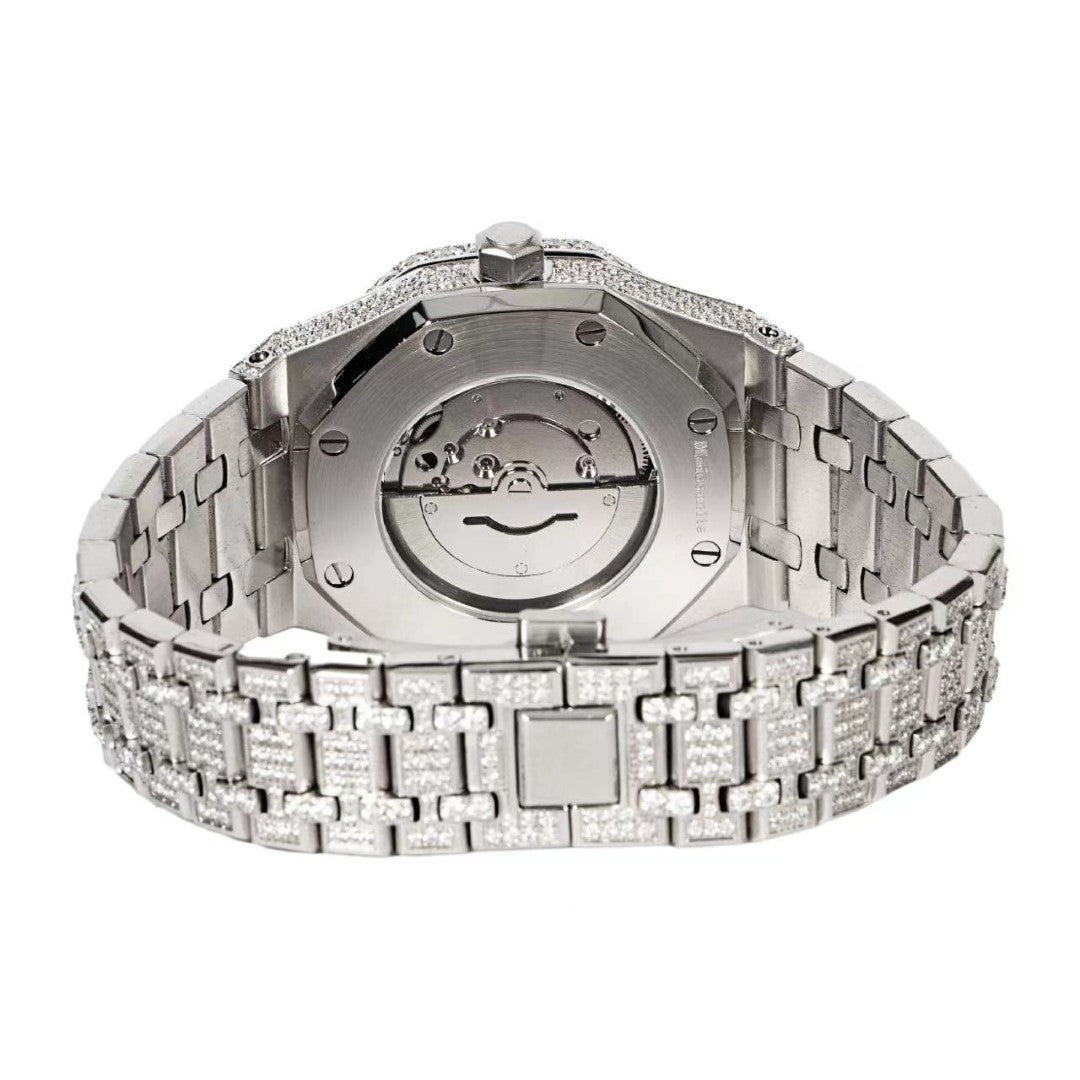 Moissanite Stainless Steel Skeleton Dial White Band Men Watch