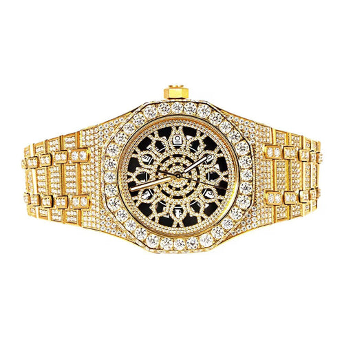 Moissanite Stainless Steel Skeleton Dial Yellow Band Men Watch