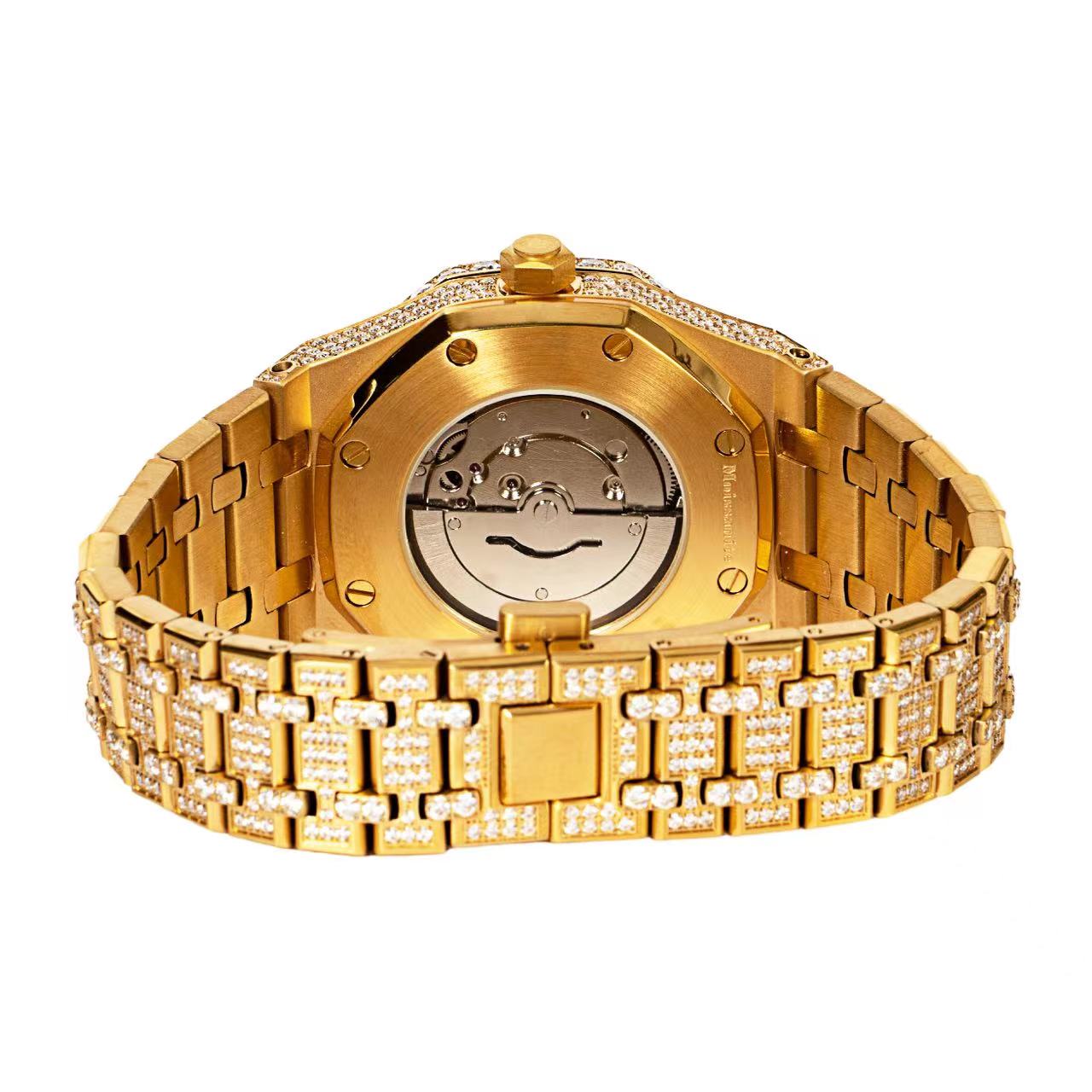 Moissanite Stainless Steel Skeleton Dial Yellow Band Men Watch