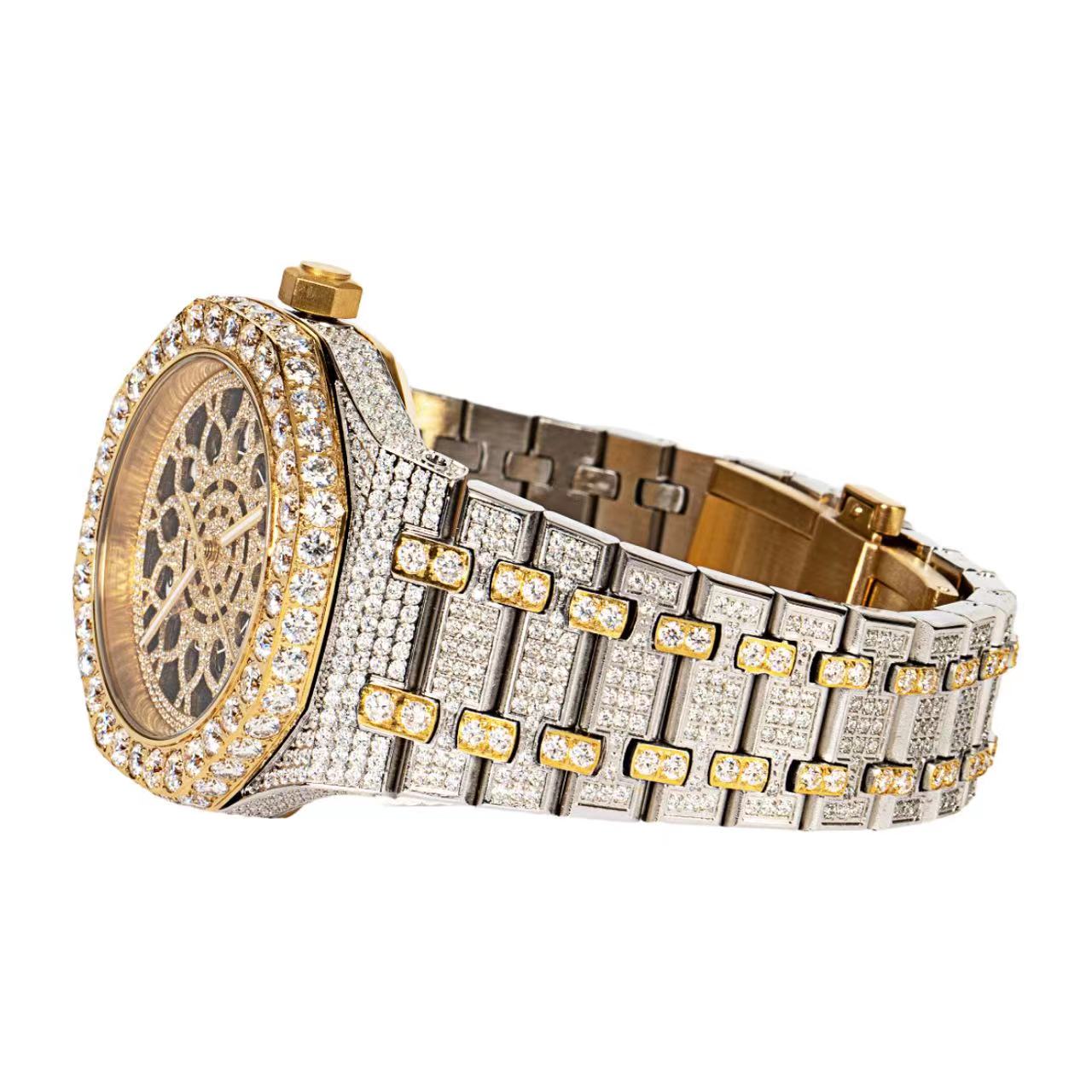 Moissanite Stainless Steel Two Tone Yellow Band Men Watch