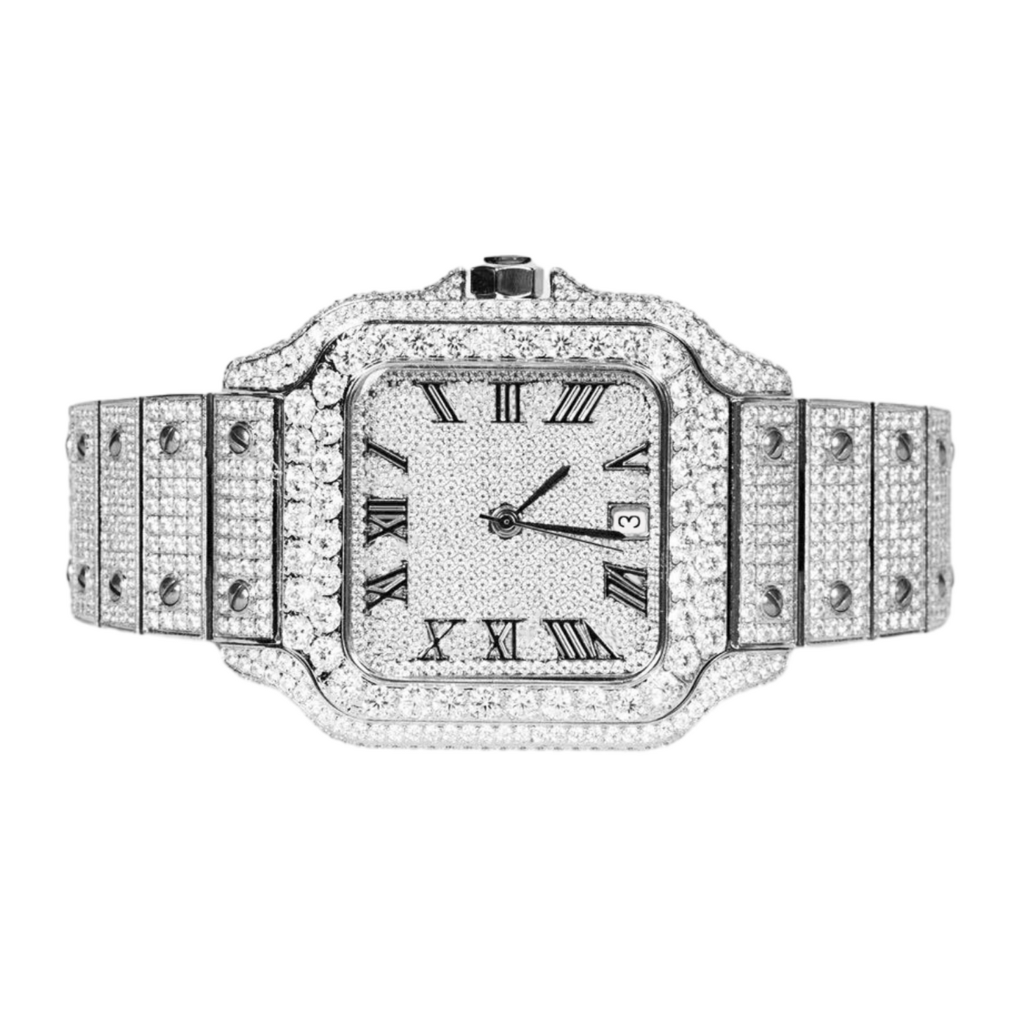Men'S Stainless Steel White Steel Cubic Zirconia Automatic Watch