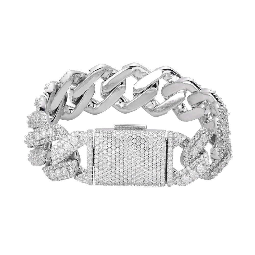 Sterling Silver Round Big Stone in Center Surrounded with Small Stones 20mm Moissanite Cuban Chain 8 Inch Bracelet 19-7/8 Ctw