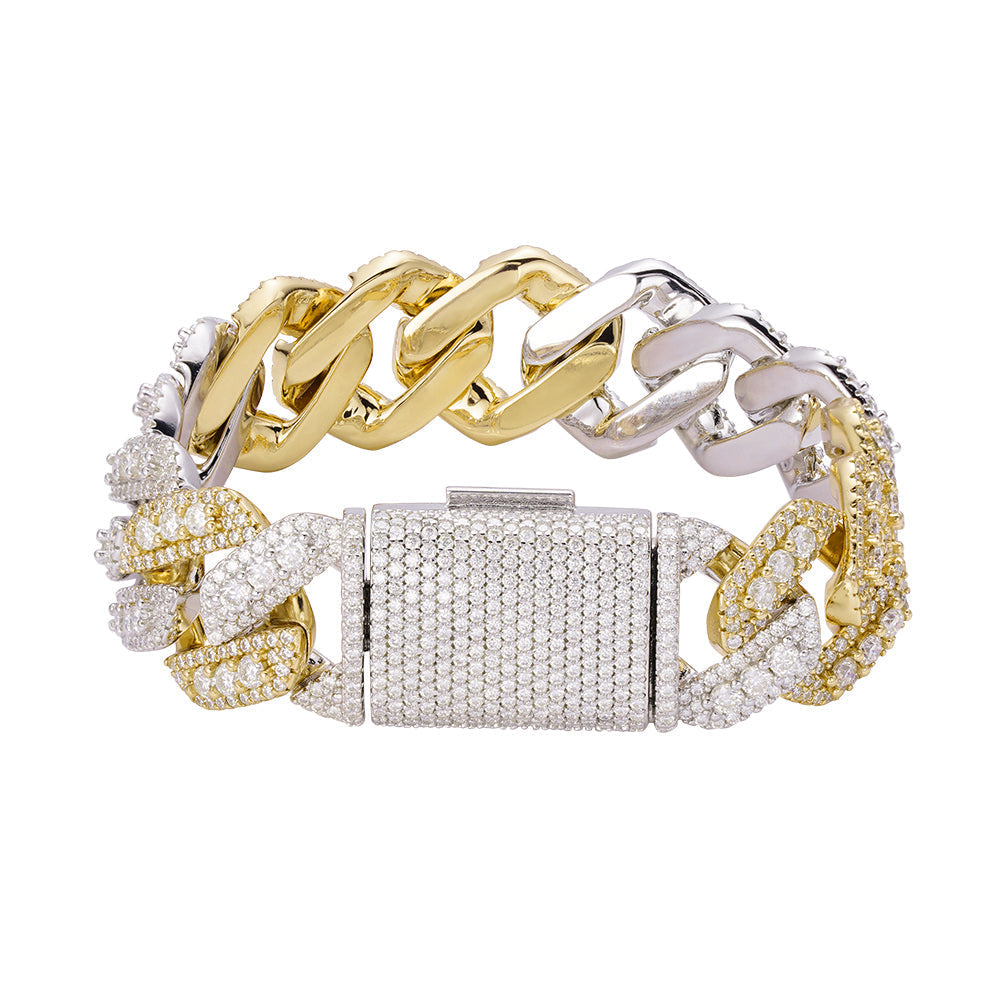 Sterling Silver Round Big Stone in Center Surrounded with Small Stones 20mm Moissanite Cuban Chain 8Inch Bracelet 19-7/8 Ctw