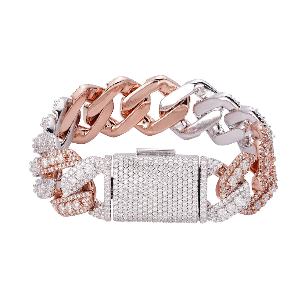 Sterling Silver Round Big Stone in Center Surrounded with Small Stones 20mm Moissanite Cuban Chain 8Inch Bracelet 19-7/8 Ctw