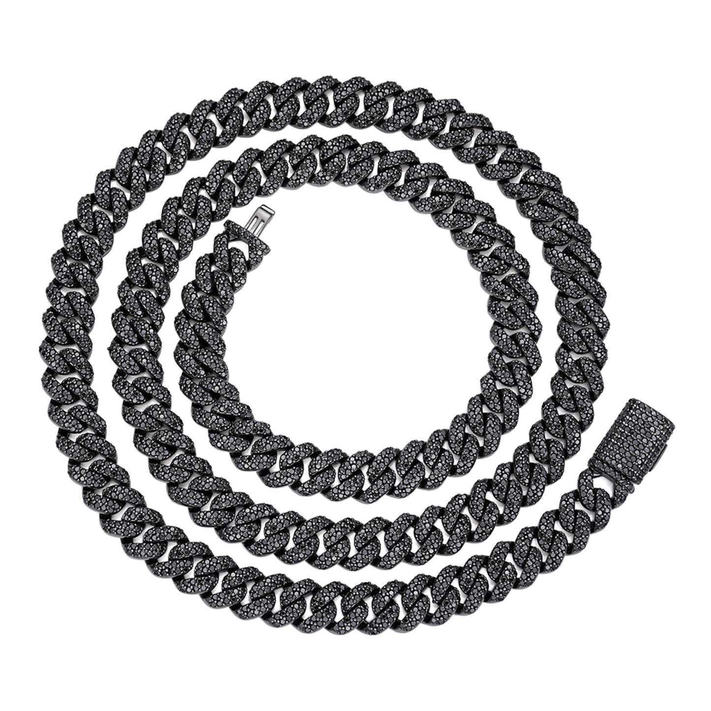 Sterling Silver 8mm Round Black Moissanite Miami Cuban Chain 22 Inch Men Necklace 13-3/4 Ctw
