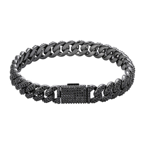 Sterling Silver 10mm Round Black Moissanite Miami Cuban 8 Inch Men Bracelet 5-1/10 Ctw