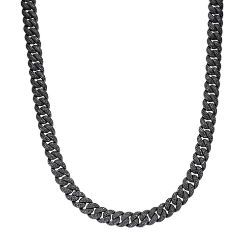 Sterling Silver 12mm Round Black Moissanite Miami Cuban Chain 22 Inch Men Necklace 19-5/8 Ctw