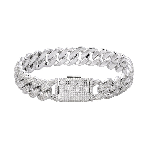 Sterling Silver Moissanite 12mm Cuban Bracelet 8 Inch 7-3/4 Ctw