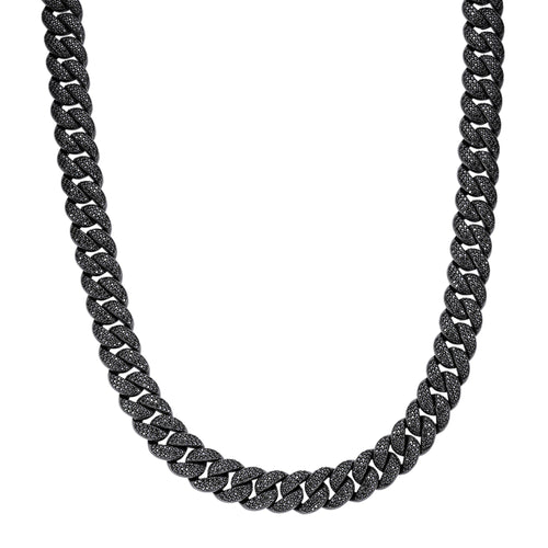 Sterling Silver 15mm Round Black Moissanite Miami Cuban Chain 22 Inch Men Necklace 27-1/3 Ctw