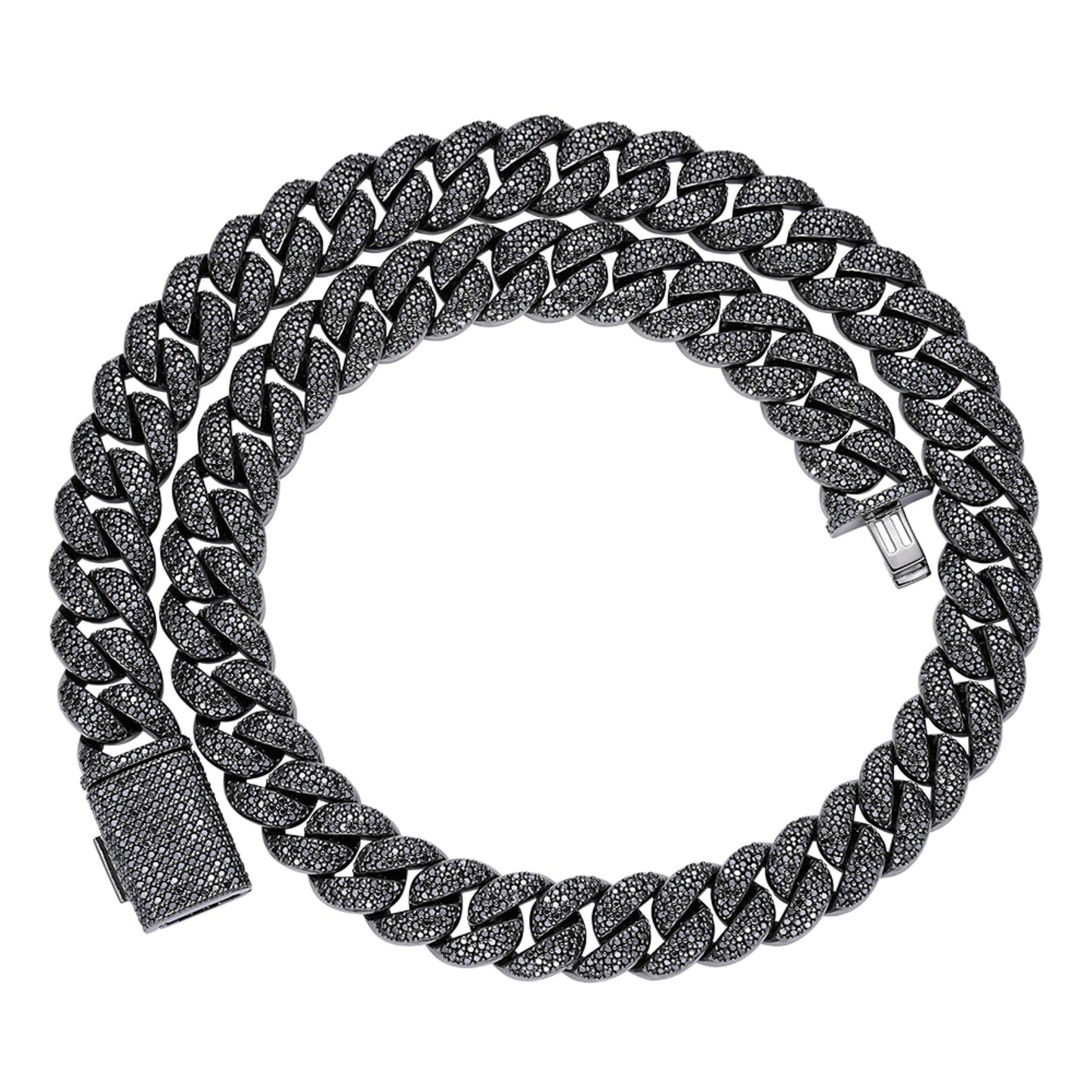 Sterling Silver 15mm Round Black Moissanite Miami Cuban Chain 22 Inch Men Necklace 27-1/3 Ctw