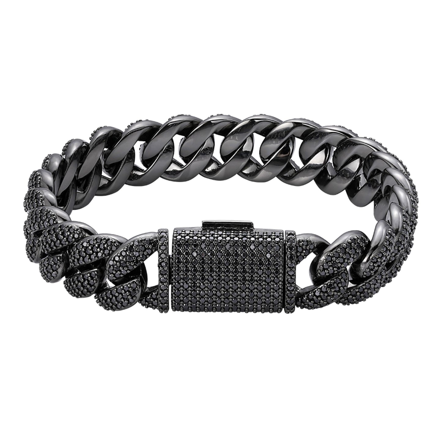 Sterling Silver 15mm Round Black Moissanite Miami Cuban 8.5 Inch Men Bracelet 12-1/10 Ctw