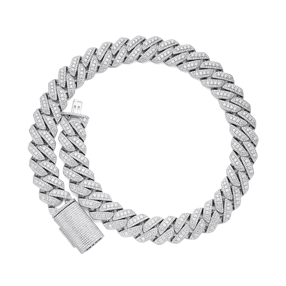Sterling Silver Moissanite 20mm Three Stone Heavy Cuban Chain 22 Inch Necklace 46-1/10 Ctw