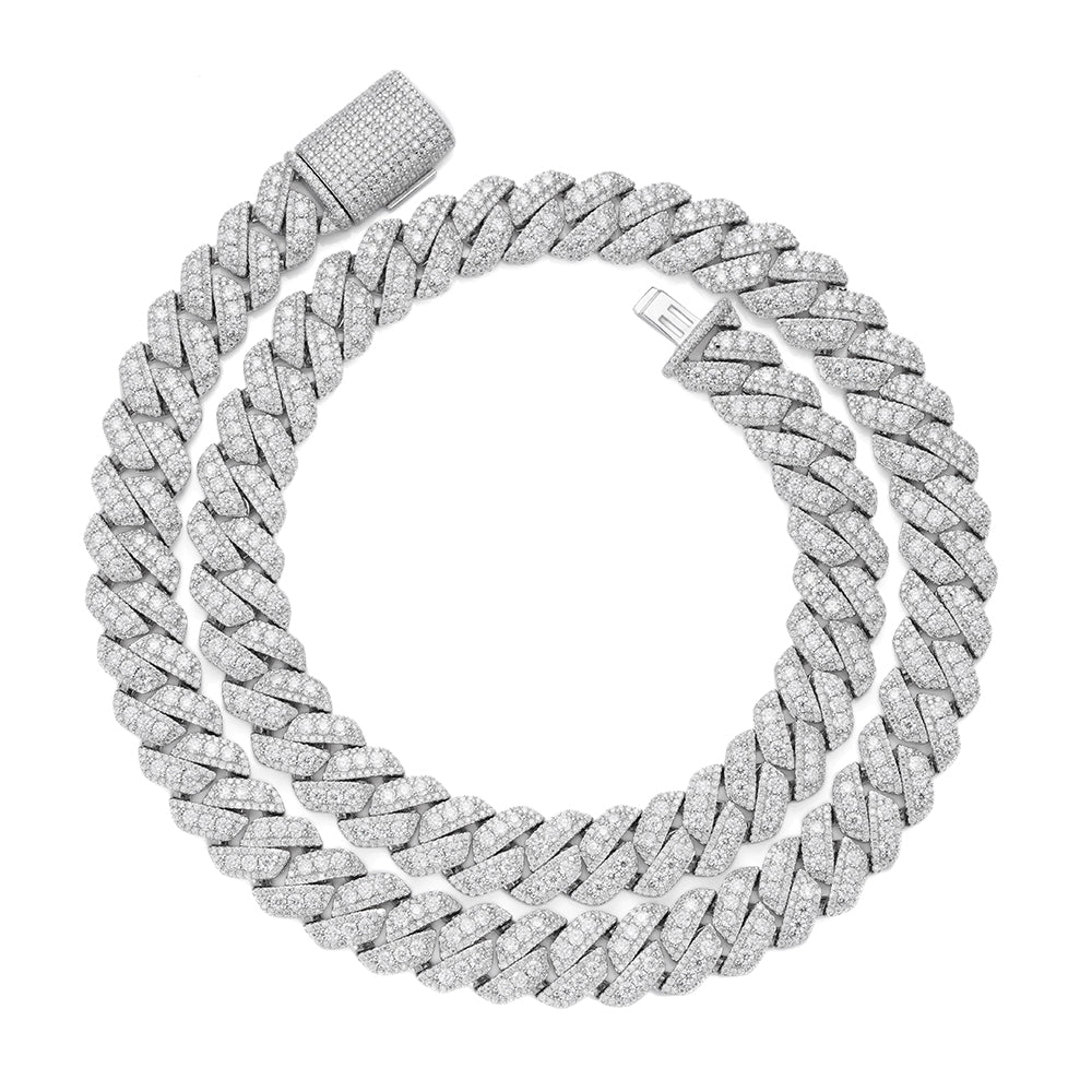 Sterling Silver Round Big Stone in Center Surrounded with Small Stones 12mm Moissanite Cuban Chain 22Inch Necklace 30 Ctw
