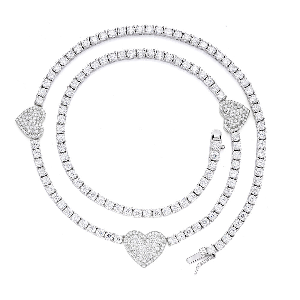 Sterling Silver Round Moissanite 15mm Heart Designer With 3mm Tennis Chain 18 Inch Necklace 1-1/3 Ctw