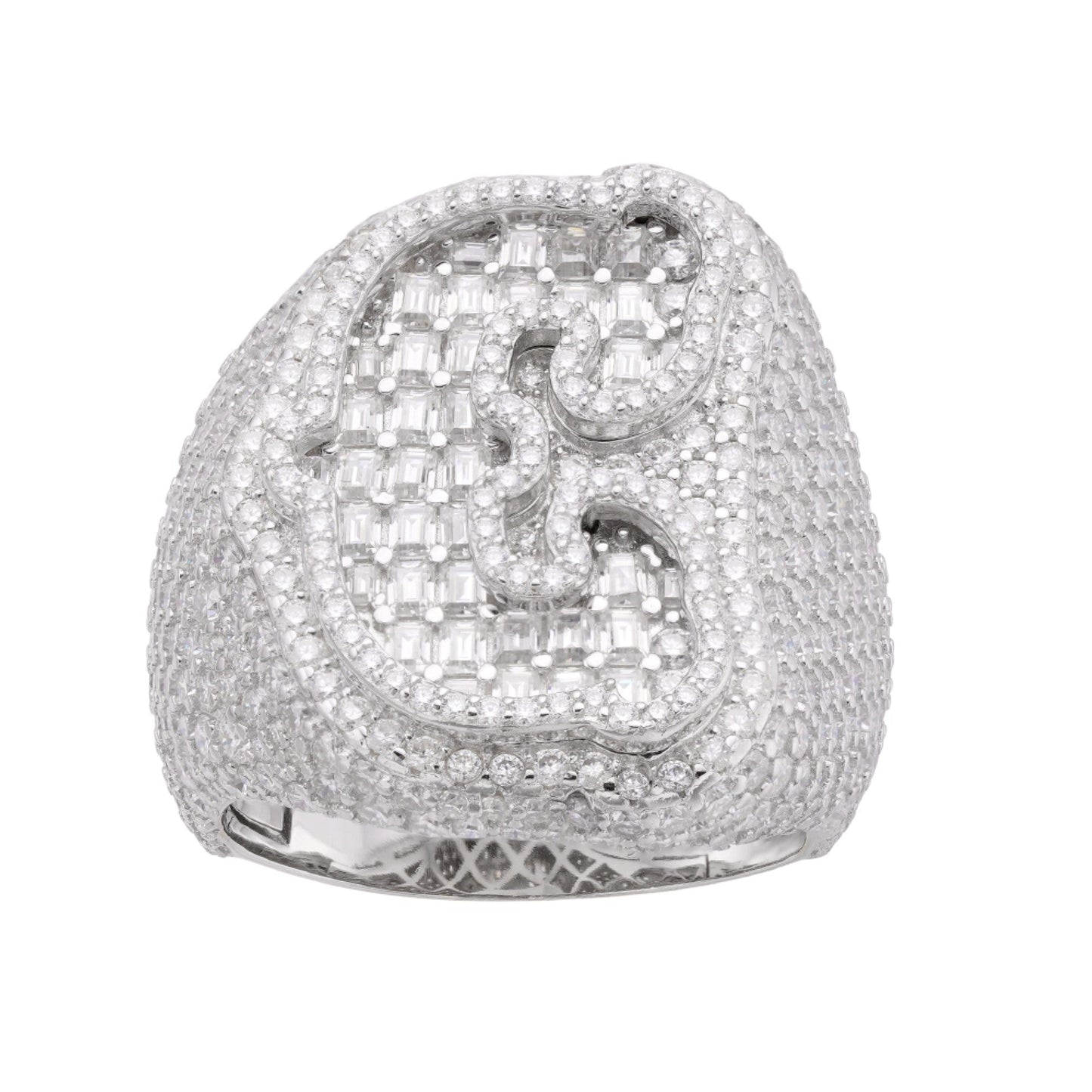 Sterling Silver Round Baugette Moissanite Albhabet C letter Initial Size 10 Men Ring 7-1/10 Ctw