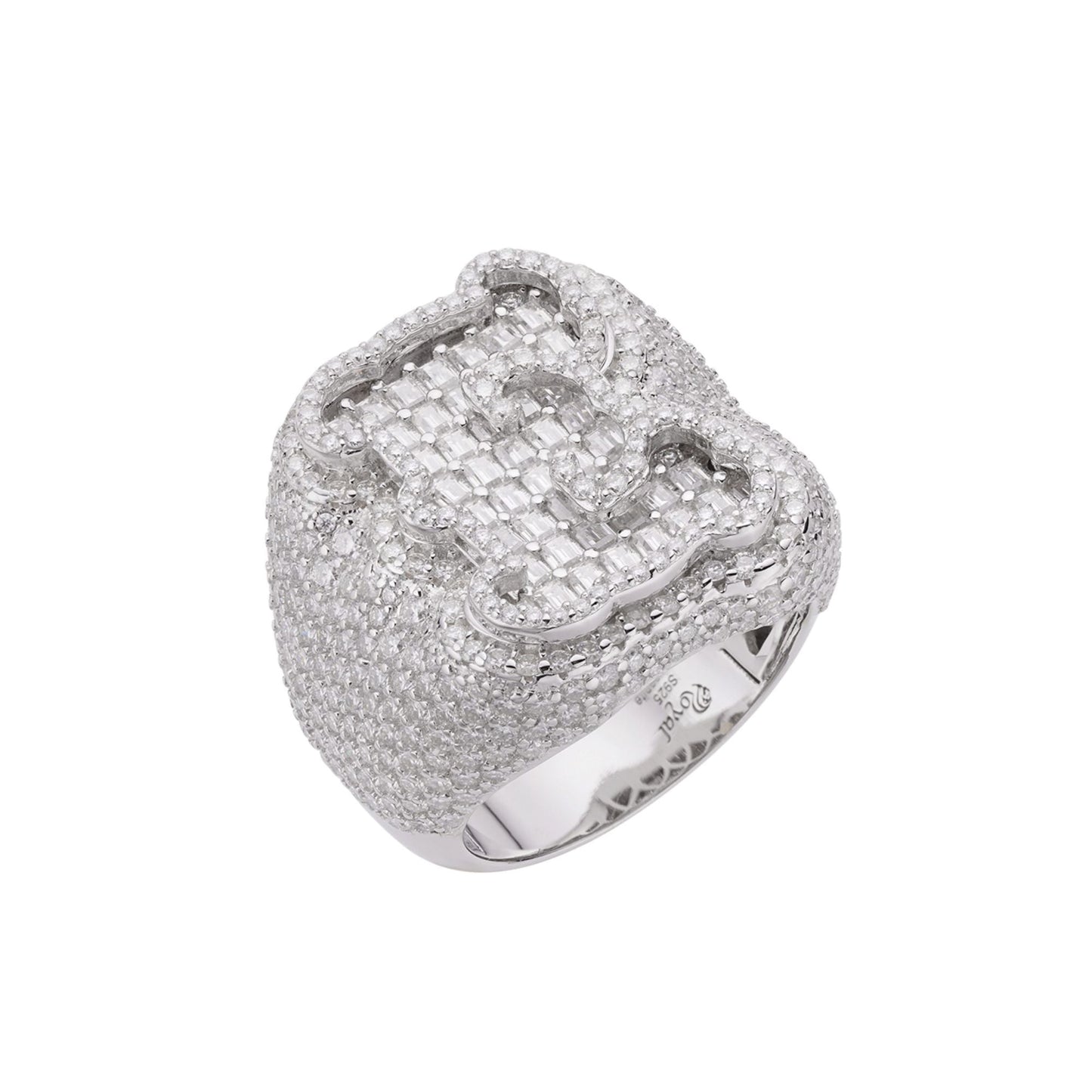 Sterling Silver Round Baugette Moissanite Albhabet E letter Initial Size 10 Men Ring 7-1/4 Ctw