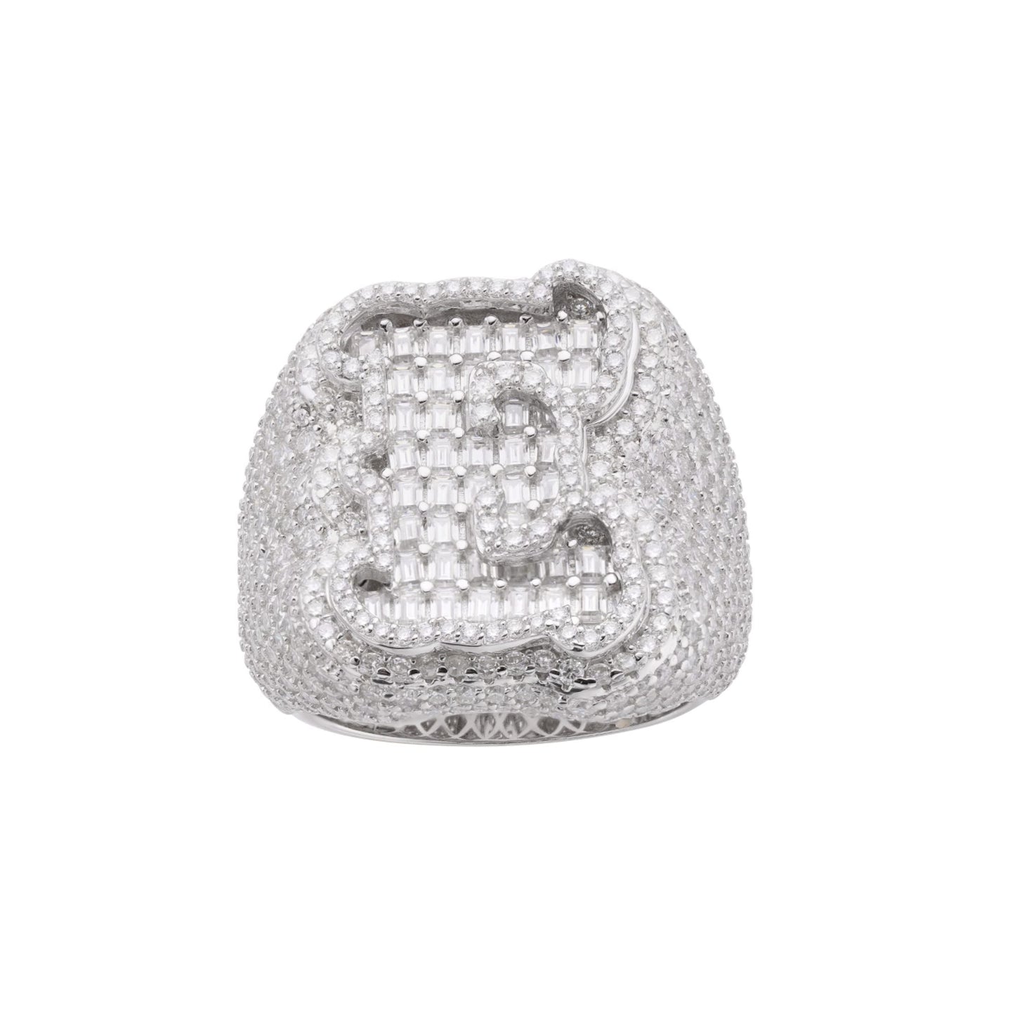 Sterling Silver Round Baugette Moissanite Albhabet E letter Initial Size 10 Men Ring 7-1/4 Ctw