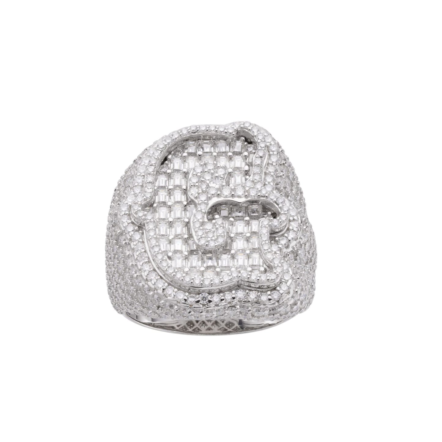 Sterling Silver Round Baugette Moissanite Albhabet G letter Initial Size 10 Men Ring 7-1/2 Ctw