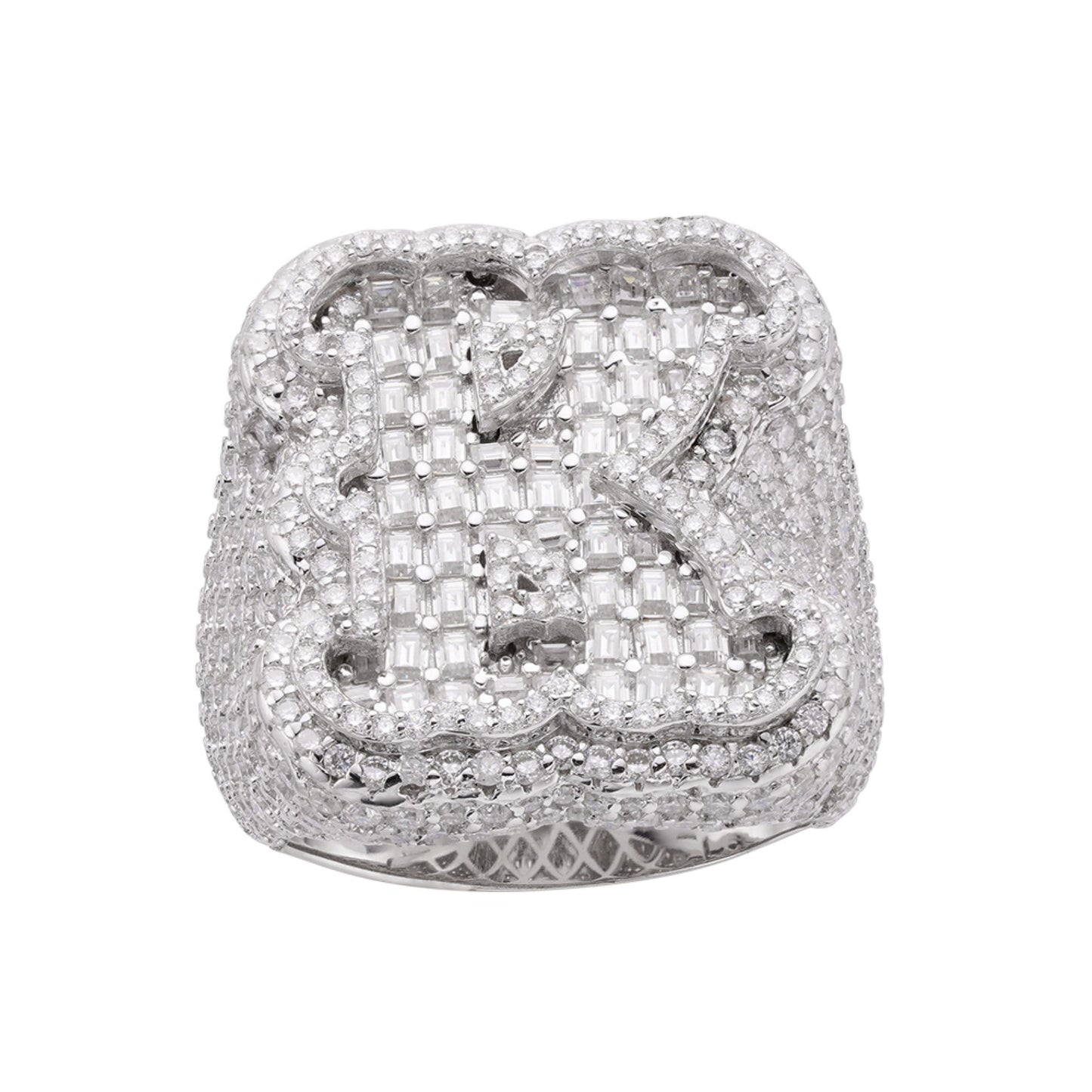 Sterling Silver Round Baugette Moissanite Albhabet K letter Initial Size 10 Men Ring 7-1/2 Ctw