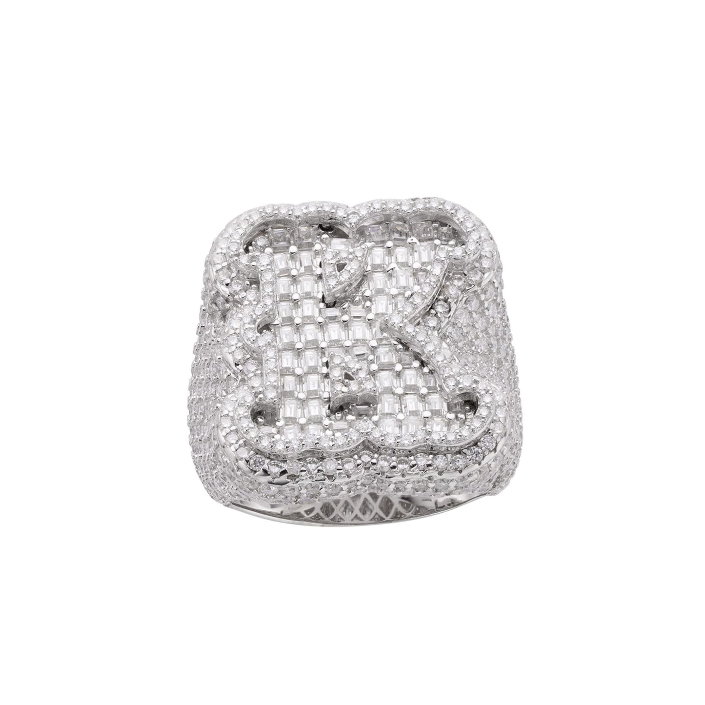Sterling Silver Round Baugette Moissanite Albhabet K letter Initial Size 10 Men Ring 7-1/2 Ctw