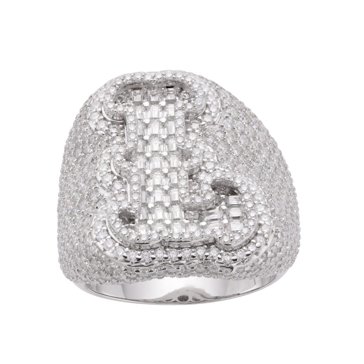 Sterling Silver Round Baugette Moissanite Albhabet L letter Initial Size 10 Men Ring 6-5/8 Ctw