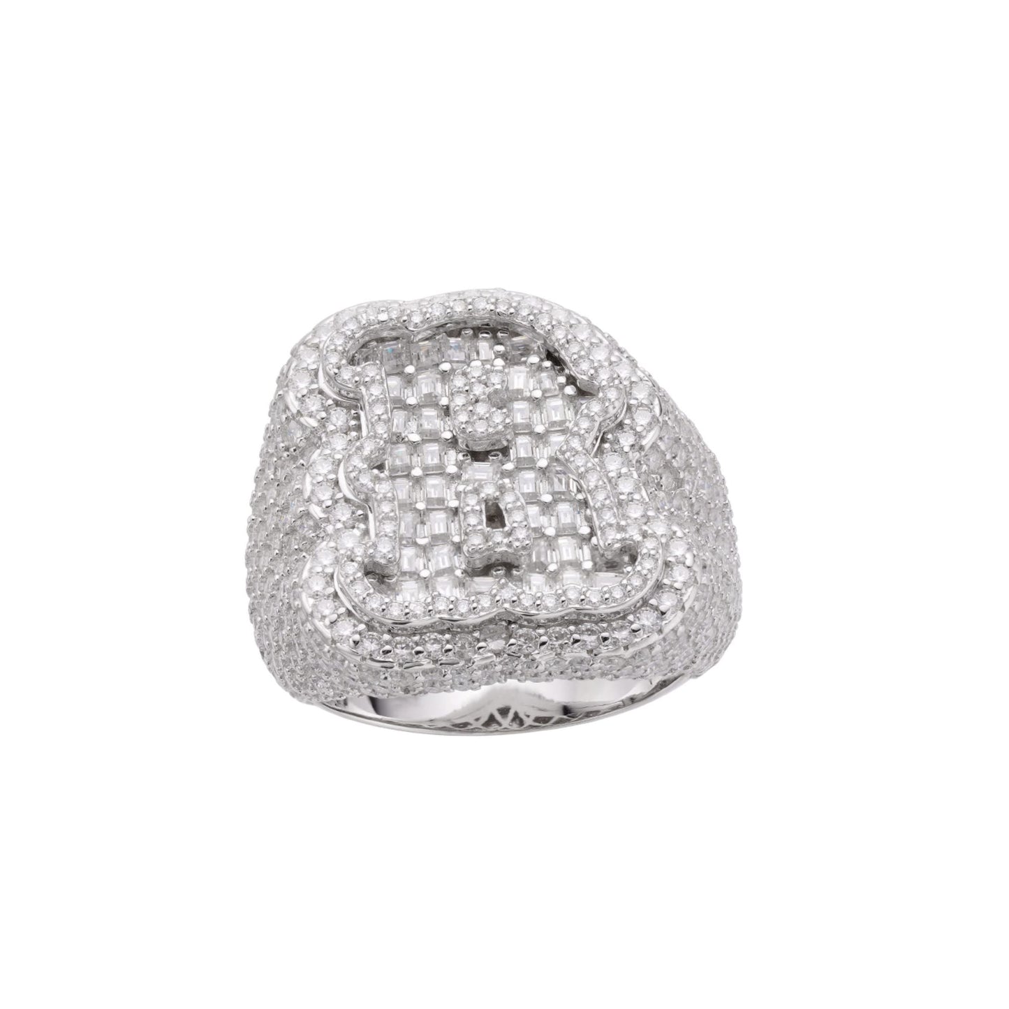 Sterling Silver Round Baugette Moissanite Albhabet R letter Initial Size 10 Men Ring 6-7/8 Ctw