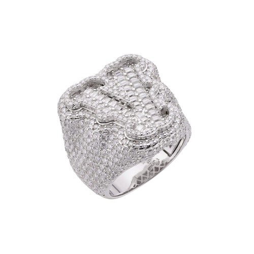 Sterling Silver Round Baugette Moissanite Albhabet V letter Initial Size 10 Men Ring 7-1/2 Ctw
