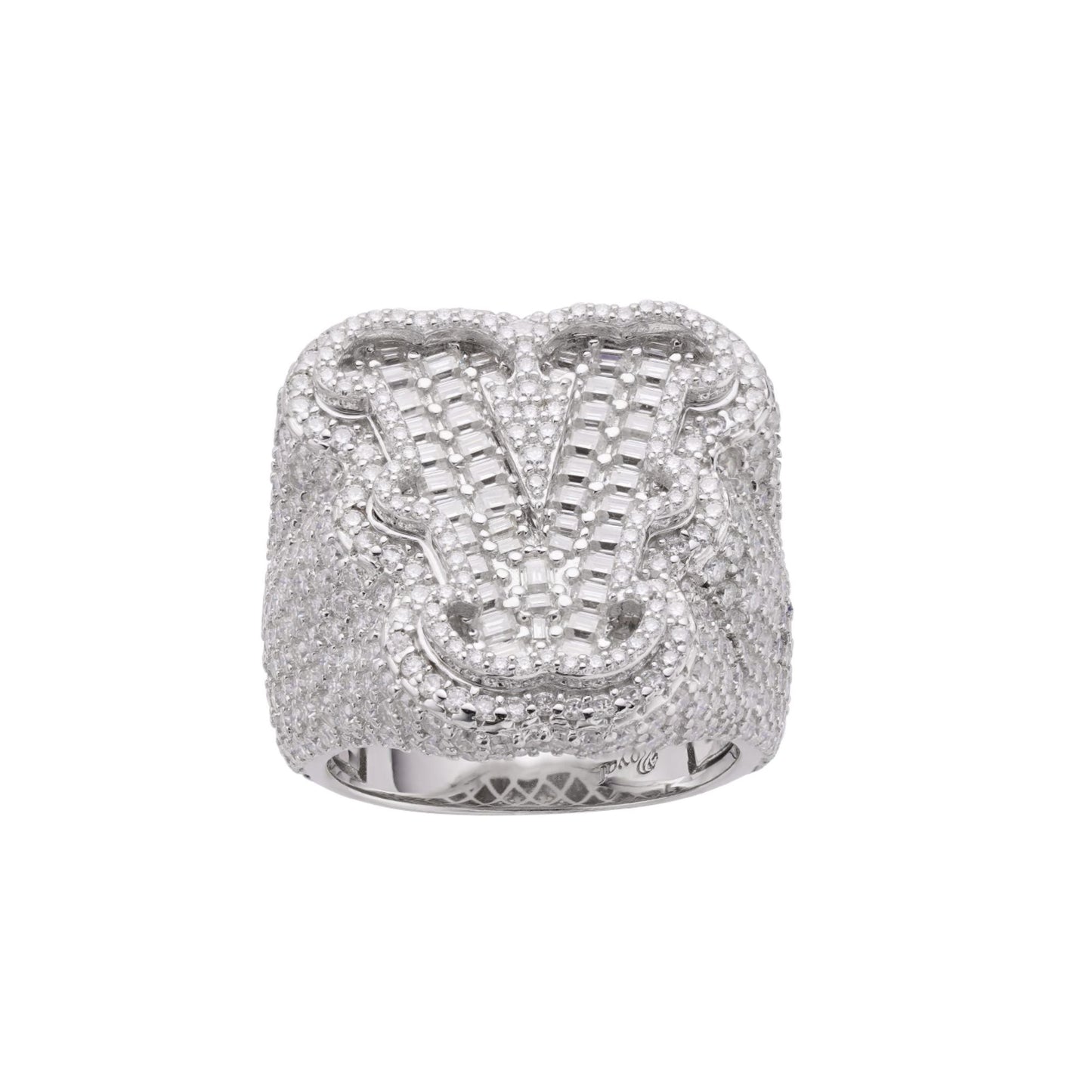 Sterling Silver Round Baugette Moissanite Albhabet V letter Initial Size 10 Men Ring 7-1/2 Ctw