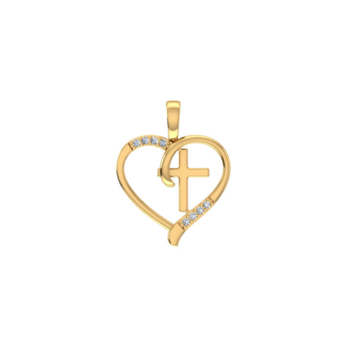 10K Yellow Gold Round Diamond Heart with Cross Pendant 1/25 Ctw
